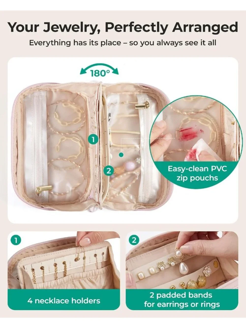 Travel Jewelry Organizer Case - 180° Flat Open, Dual-Compartment, Brown Puffer